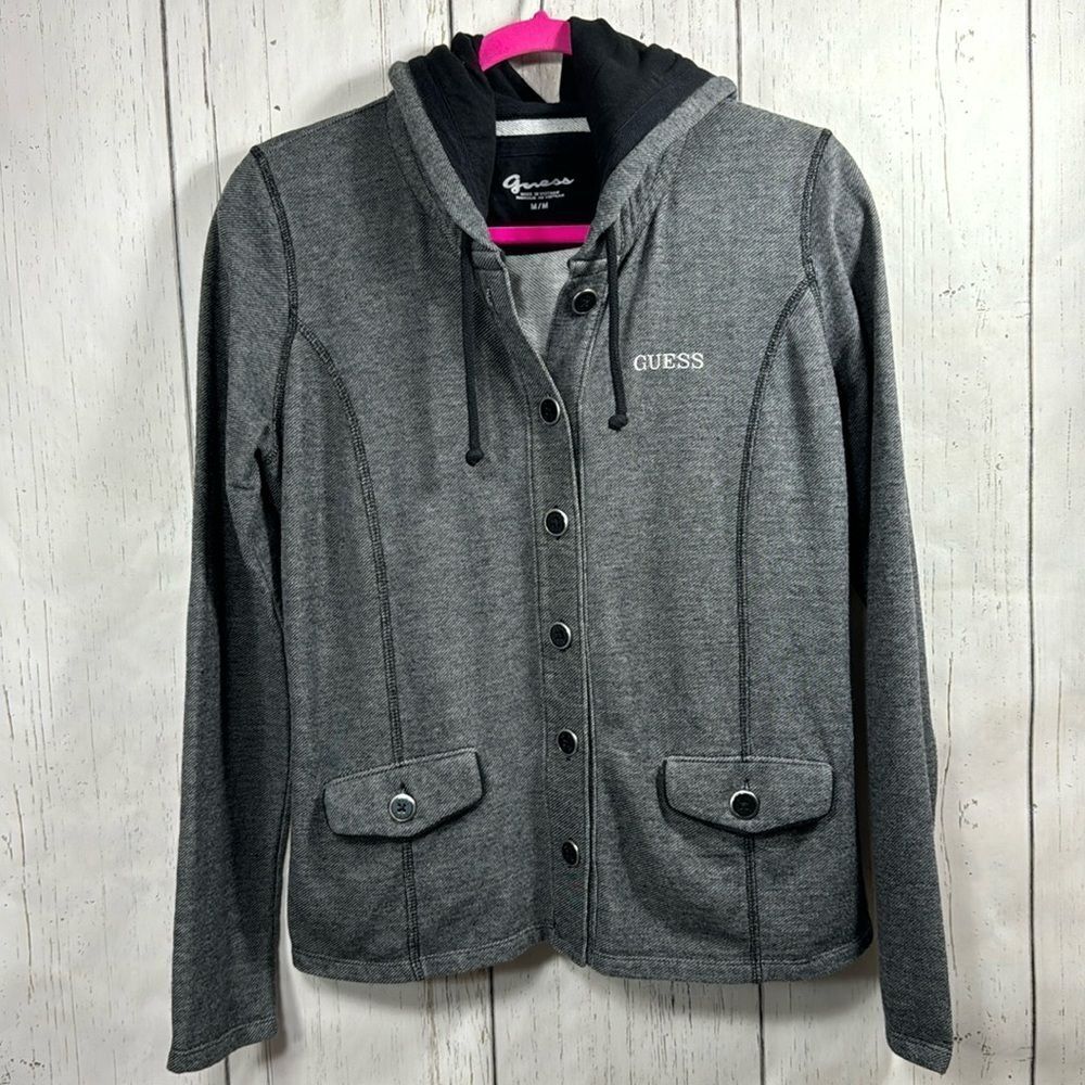 Guess Womens Hoodie Drawstring Long Sleeve Gray Black Comfy Travel Logo Jacket